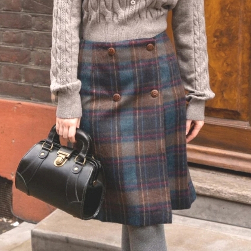 Miss Patina London Galloway Academia Tartan Plaid Wool Blend Wrap Skirt UK 10 6